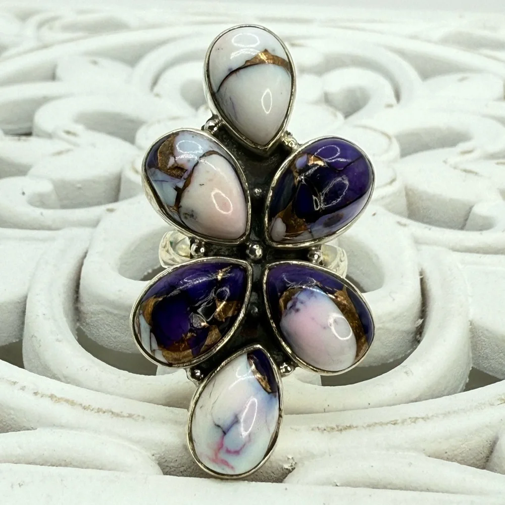Sterling Silver Purple Dahlia Statement Ring – Size 8 Adjustable